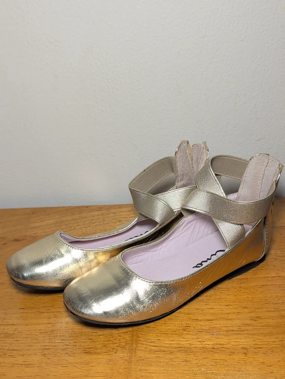 Nina Marissa Metallic Gold Ballet Flats with Elastic Cross-Strap Girls Size 13